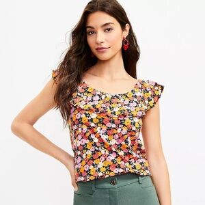 LOFT Sz M Ann Taylor Floral‎ Ruffle Tank Top Blouse Stretch Soft